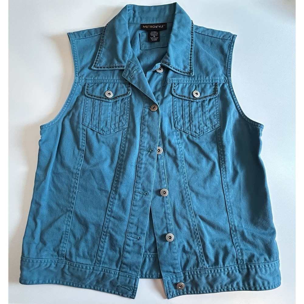 Metrostyle Teal Denim Button Up Woman's Sleeveless Jacket 100% Cotton Size M